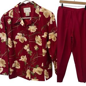 Vintage Visions Pants Suit Set Womens 14 Red Silk Floral Academia Mature Office